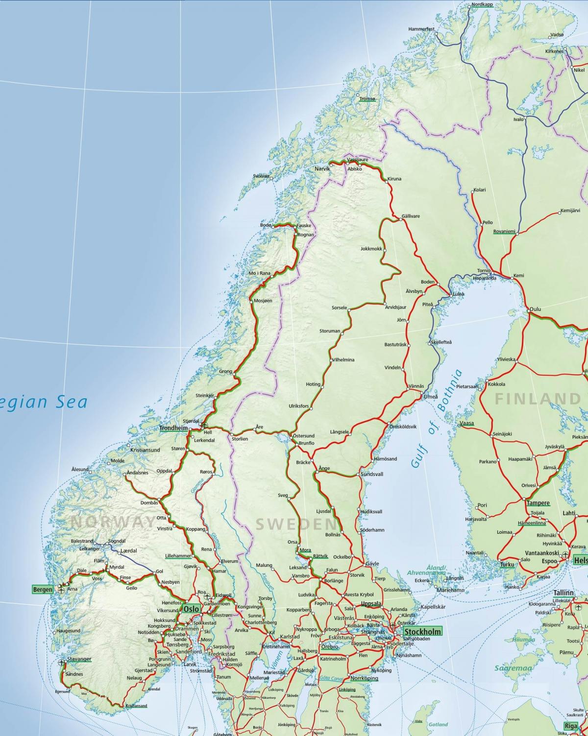Mappa delle linee ferroviarie della Norvegia